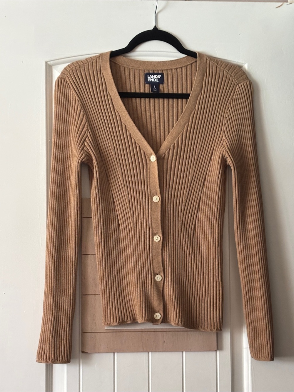Lands' End Camel Ribbed V-Neck Button Cardigan